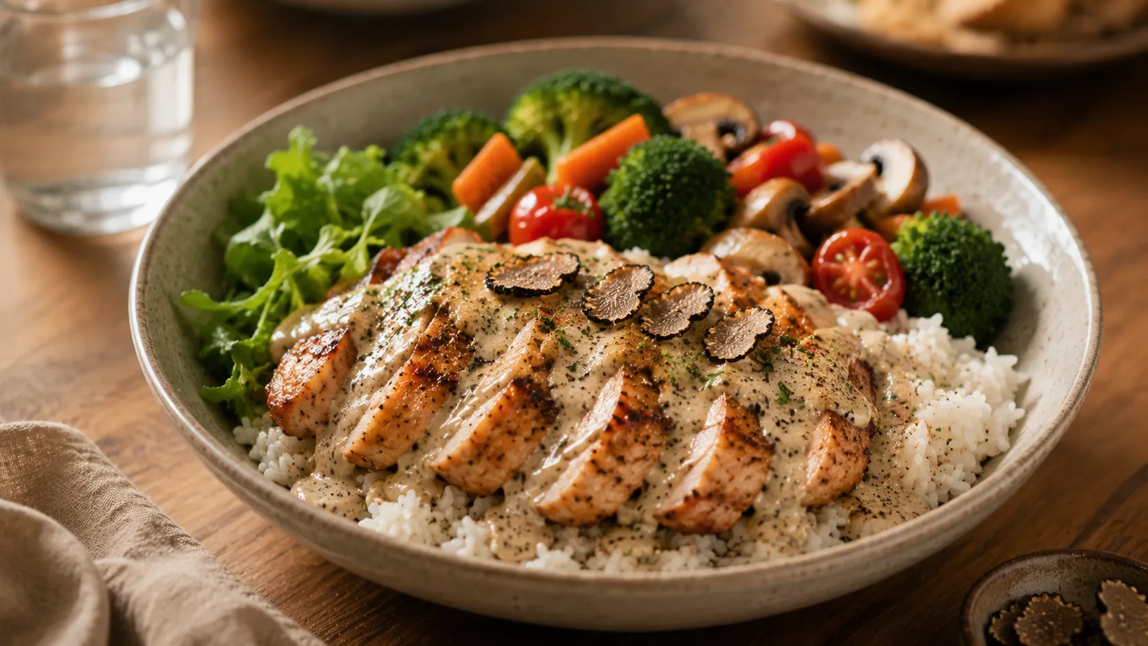 Signature Truffle Chicken Bowl with grilled chicken, truffle sauce, and seasonal vegetables